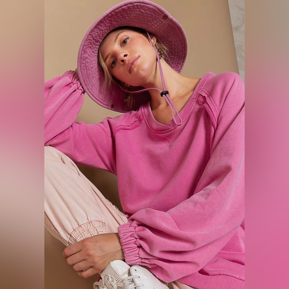 POL Hot Pink Crisscross Back Sweatshirt | Open Back | Slouchy Oversized Fit - Picture 2 of 5